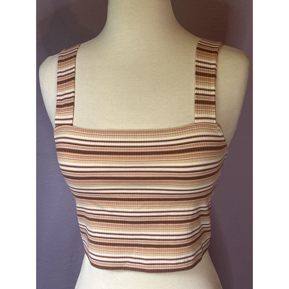 American Eagle Pink Summer Stripe Cropped Tank Top Square Neckline Petite Small